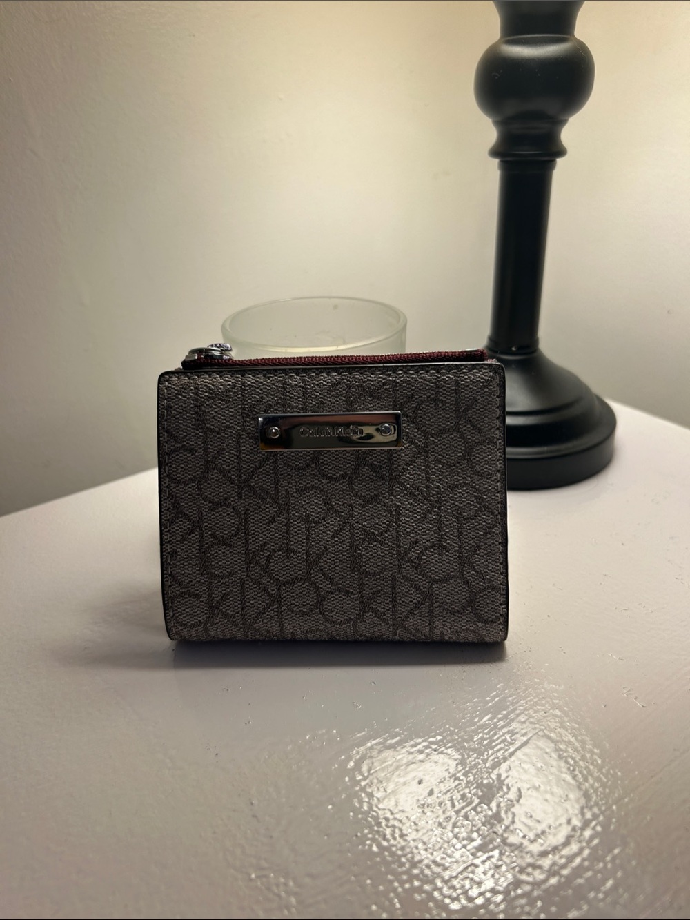 Calvin Klein Signature Canvas Card Case with Burgundy Zip